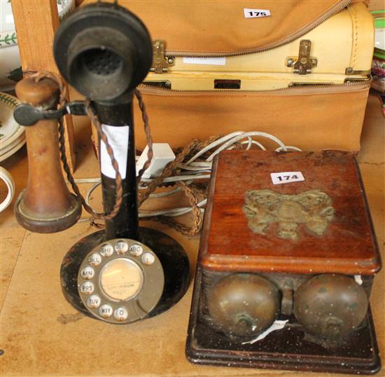 Victorian candlestick telephone and an oak cased bell